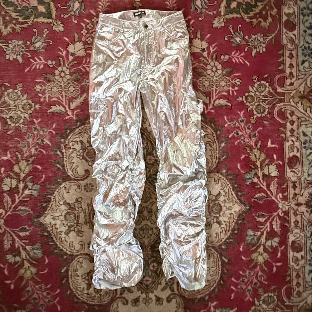 Rehab Lab Metallic Silver Ruched Cargo Pants Small Y2K Festival Stacked Nylon